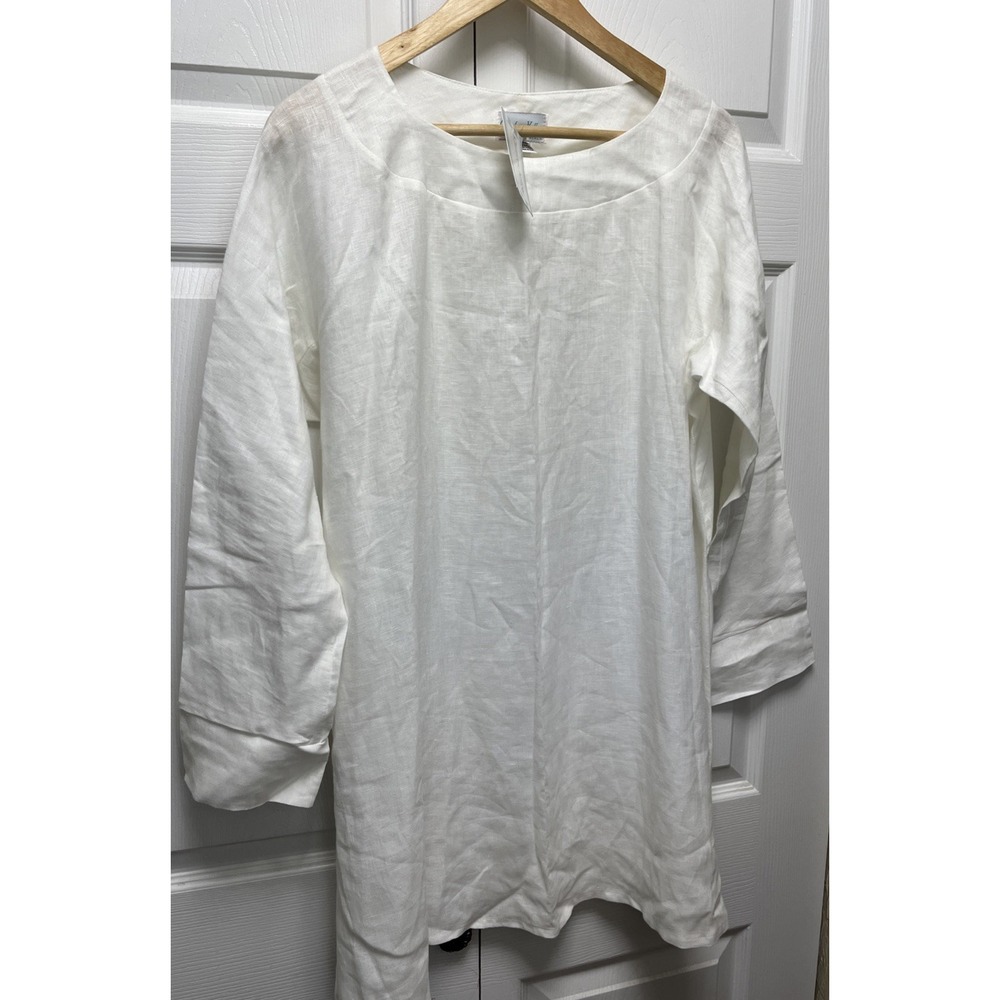 Charlotte‎ Kellogg Margot White 100%  linen  band collar shirt tunic Large New